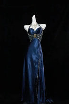 Vestido de Noite Formal Azul-Marinho Luxuoso com Contas e Fenda Vestido de Baile Y7723