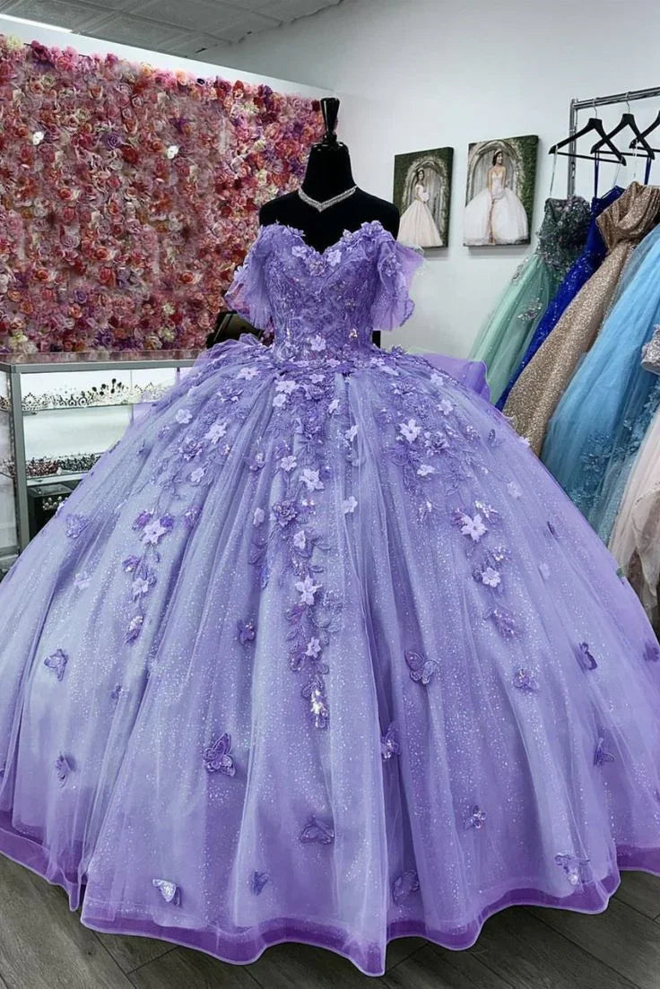 Vestido de Bola de Alfazema para Senhora Vestido Doce 15 com Borboletas Y4503