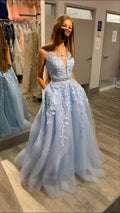 Vestido de baile azul claro, comprido, corte evasê, decote em bico, novo modelo, vestido de noite Y6464