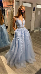 Vestido de baile azul claro, comprido, corte evasê, decote em bico, novo modelo, vestido de noite Y6464