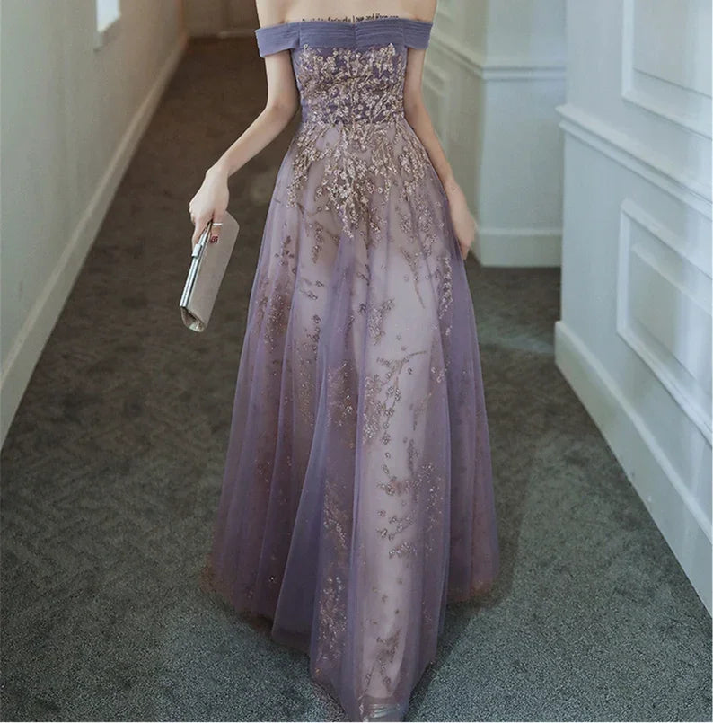 Vestido de Baile Roxo Sonhador com Ombros Descobertos Vestido de Noite Elegante Longo para Banquete Vestido de Festa Sem Mangas Vestido de Formatura para Rapariga Y4286