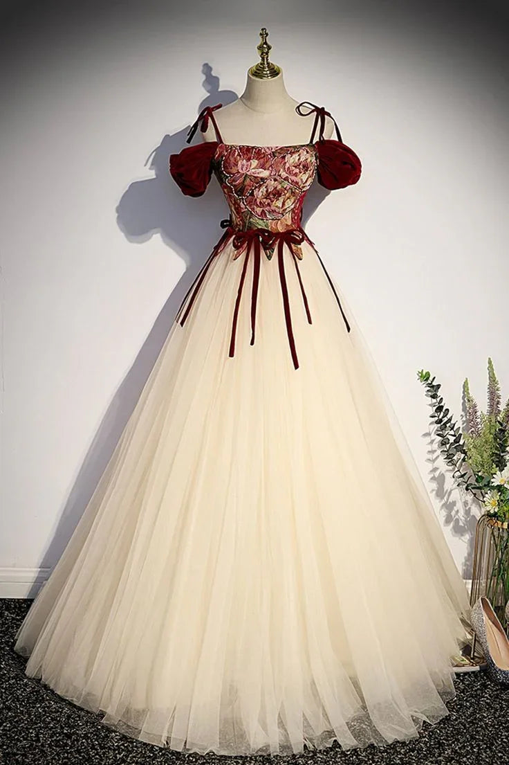 Champagne Tulle Spaghetti Strap Long Prom Dress A Line Party Ball Gown Y7952