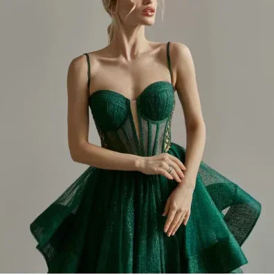 Vestido de Noite Brilhante Verde Corpete Vestido de Noite em Linha A Y6339
