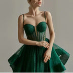 Vestido de Noite Brilhante Verde Corpete Vestido de Noite em Linha A Y6339