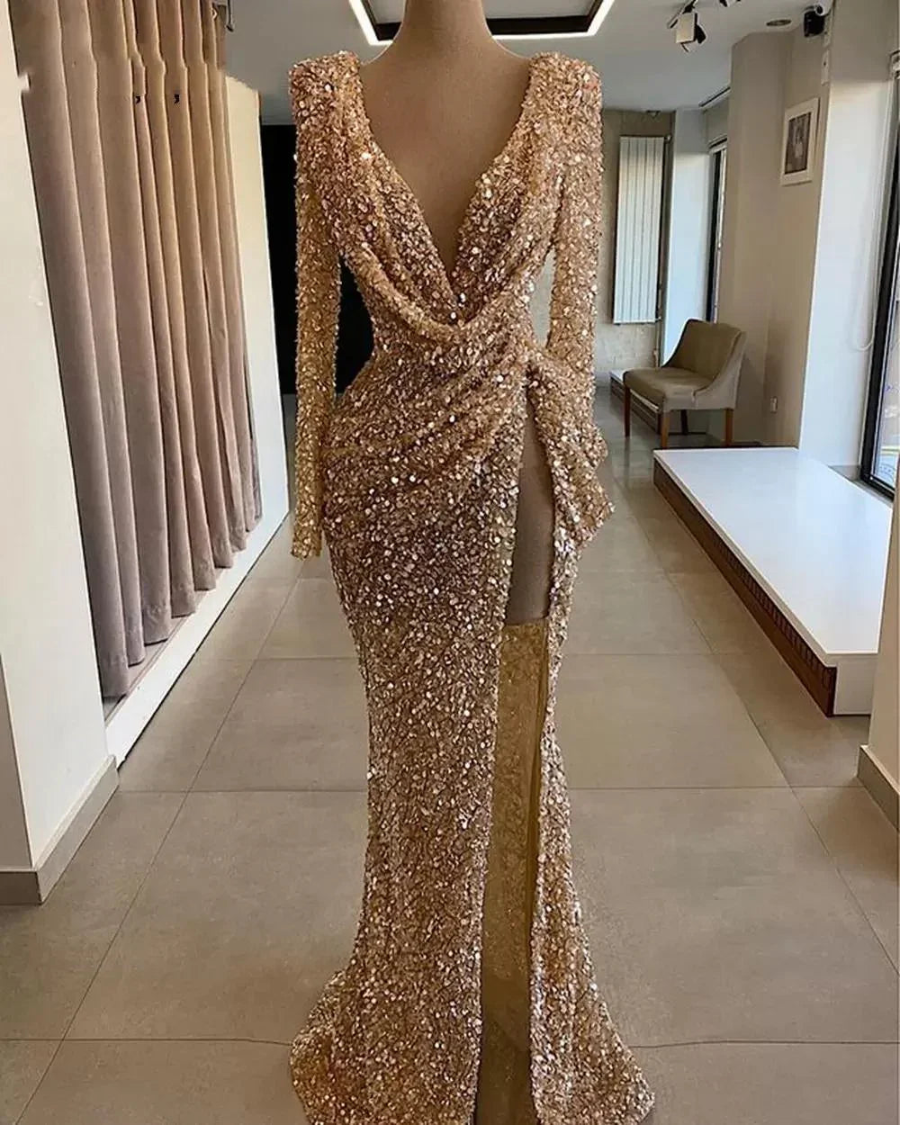 vestidos de fiesta brillantes, vestidos de fiesta con escote en v profundo, vestidos de fiesta de manga larga, vestidos de fiesta árabes, vestidos de fiesta con abertura lateral, vestidos de noche de moda Y1389