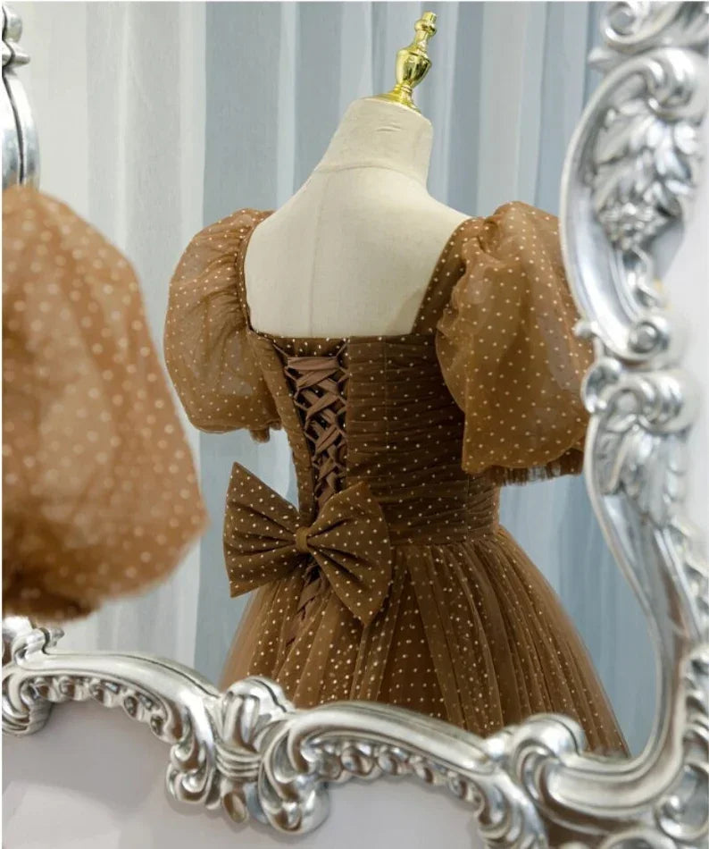 Beautiful Prom Dress New Brown Evening Dress Elegant Collar Puff Sleeve A-line Floor-length Point Prom Formal Gowns Y117