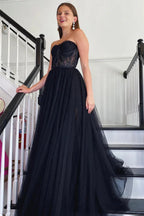 Schulterfreies langes Ballkleid aus schwarzer Spitzen-Tüll, schwarzes Spitzen-Abendkleid, schwarzes Festkleid Y205