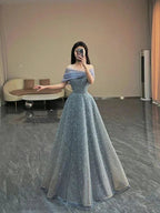Vestido de noite luxuoso com decote ombro a ombro e corte em A para festa de 18 anos Y6038
