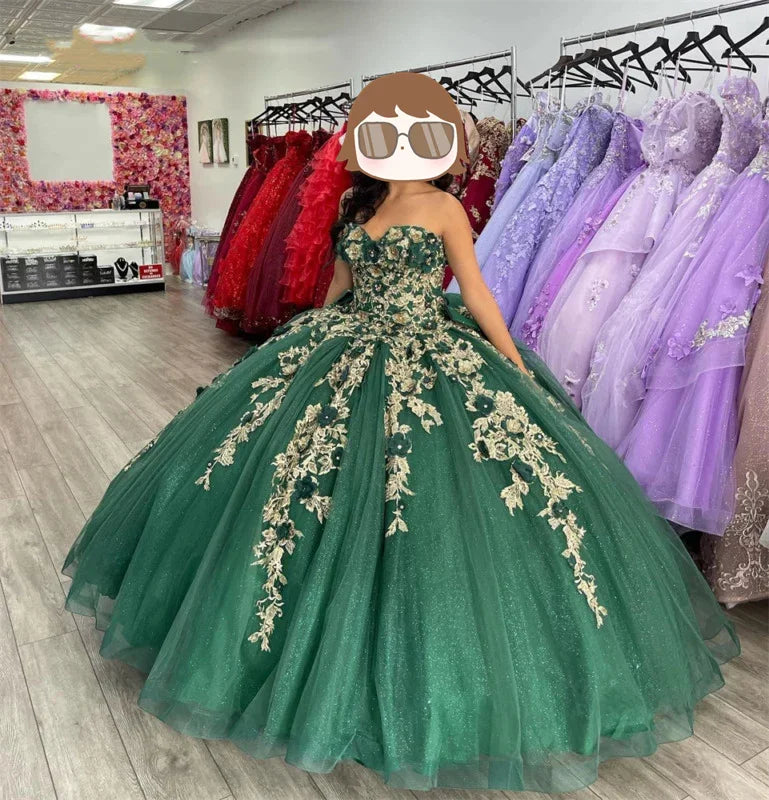 Vestidos Verde Coração Doce para Quinceanera Aniversário Baile de Máscaras Vestido de Bola com Flores 3D Y4437