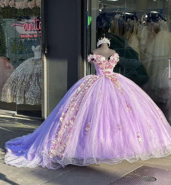 Robe de bal lilas à appliques et épaules dénudées, robe de seize ans Y2019