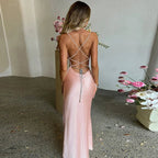 Vestido largo de fiesta rosa sirena sexy, vestido de noche rosa sin espalda Y1933