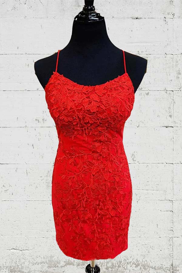 Lace Backless Spaghetti Straps Tight Homecoming Dresses, Short Party Dress