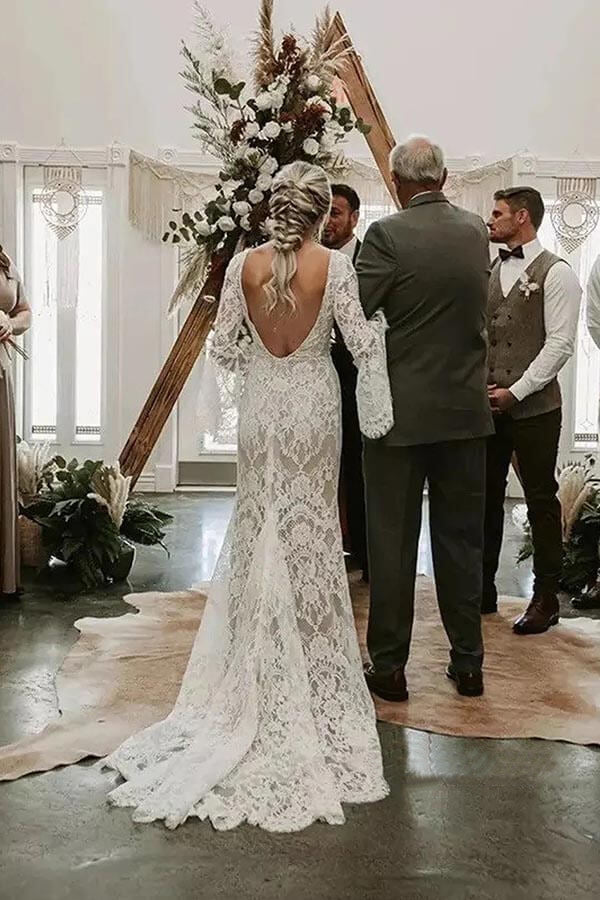 Robe de mariée bohémienne à manches longues, dos nu, col en V, style sirène en dentelle