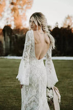 Robe de mariée bohémienne à manches longues, dos nu, col en V, style sirène en dentelle