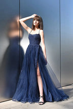 Vestido largo de tul con encaje para baile de graduación con abertura SYP13