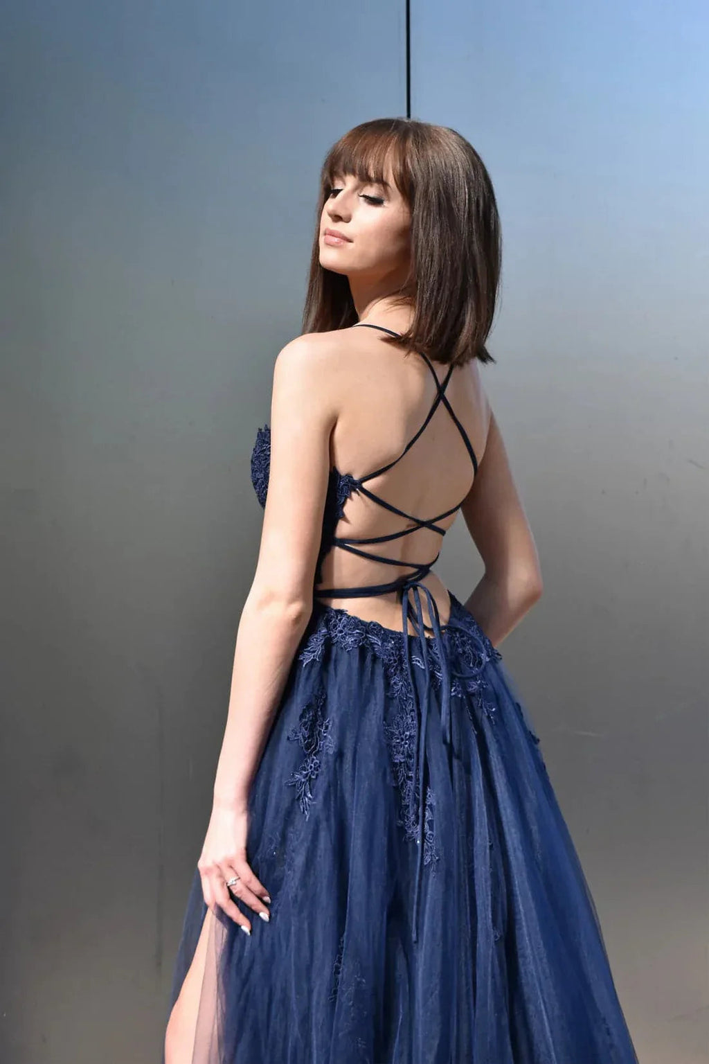Vestido largo de tul con encaje para baile de graduación con abertura SYP13