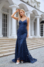 Senhoras cinta de espaguete bordado v pescoço sereia longo vestido de dama de honra baile de casamento vestido de noite 28087