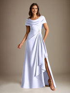 A-Line Scoop Floor-Length Stretch Satin Mother of the Bride Dress With Cascading Ruffles