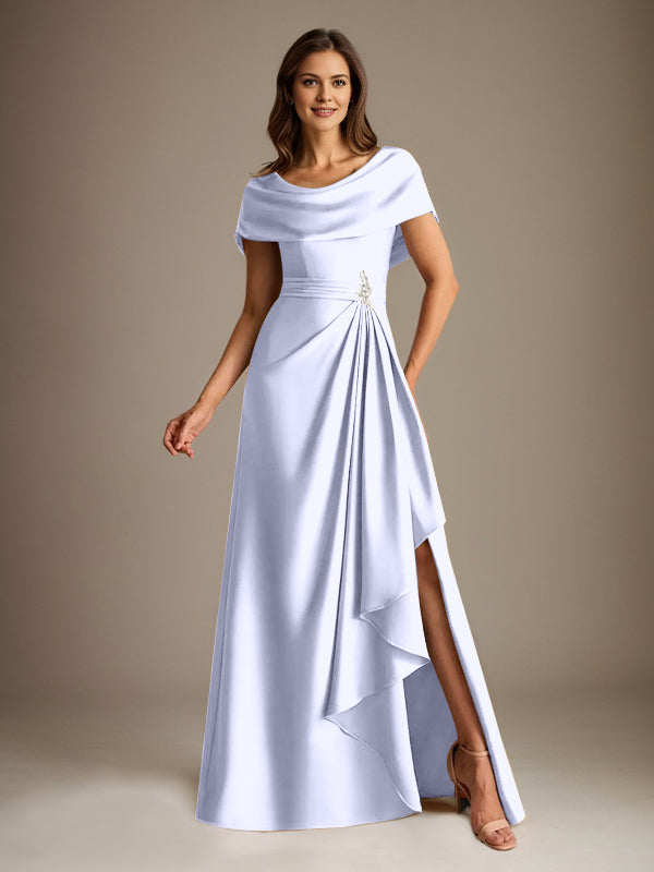A-Line Scoop Floor-Length Stretch Satin Mother of the Bride Dress With Cascading Ruffles