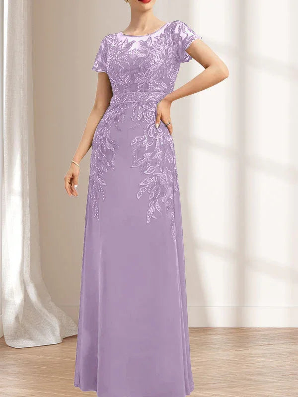 Vestido de madrina de novia con ilusión, corte columna y fajín, largo hasta el suelo, de encaje y gasa con lentejuelas