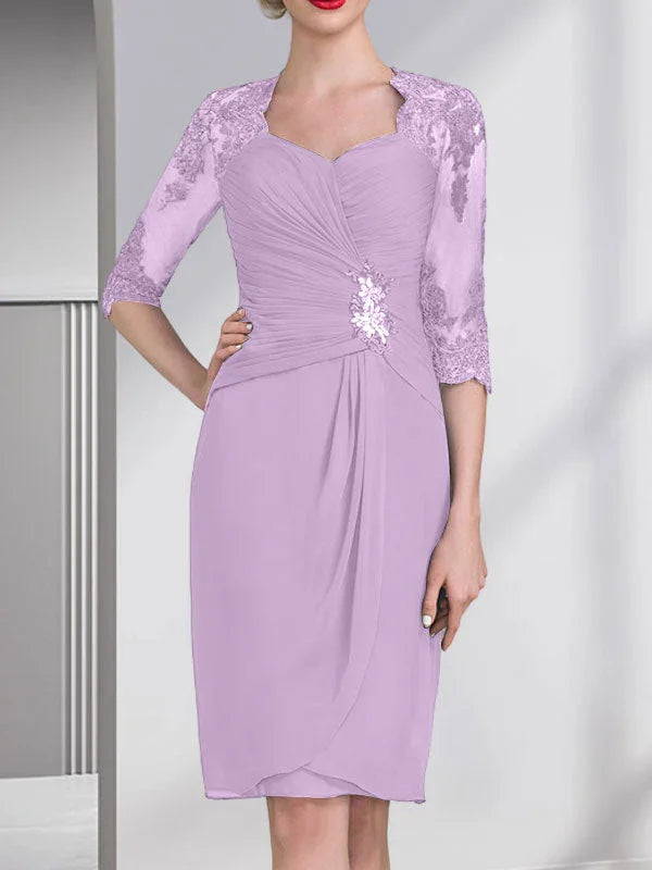 Vestido de madrina de novia de gasa con apliques de cuentas, encaje, lentejuelas y pliegues, largo hasta la rodilla, corte tubo y columna, con escote corazón