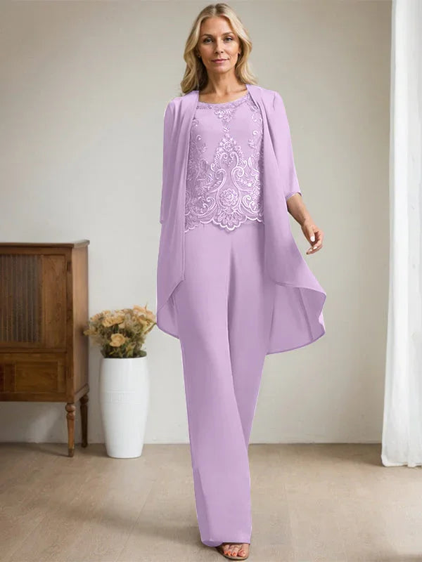 Getrennter Overall/Hosenanzug mit Rundhalsausschnitt, bodenlang, aus Chiffon und Spitze, Mutter-des-Brautkleides mit Perlen und Pailletten