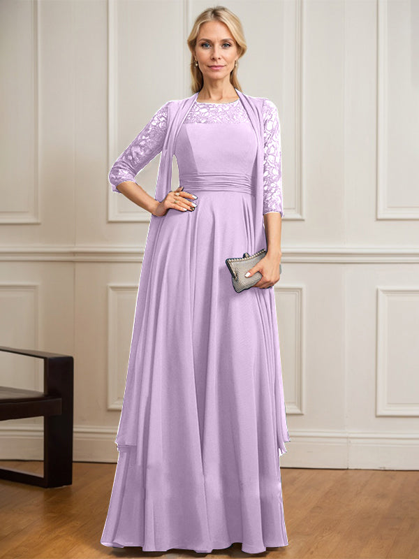 A-line Scoop Illusion Floor-Length Lace Chiffon Mother of the Bride Dress With Pleated