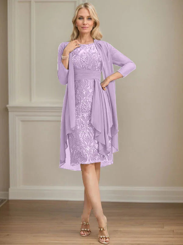 Etui/Säulenförmiges Kleid mit Illusion, knielang, aus Spitze und Chiffon, Brautmutterkleid mit herabfließenden Rüschen und Pailletten