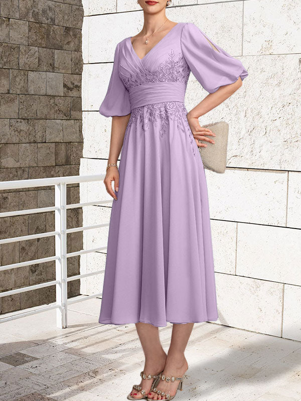 A-line V-Neck Tea-Length Lace Chiffon Mother of the Bride Dress With Pleated