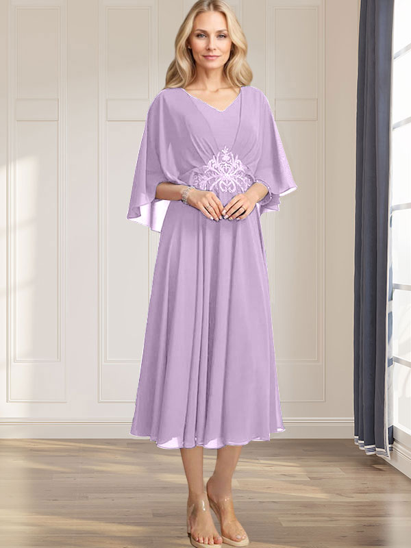 A-line V-Neck Tea-Length Chiffon Mother of the Bride Dress With Pleated Sequins Appliques Lace Beadind