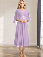A-line V-Neck Tea-Length Chiffon Mother of the Bride Dress With Pleated Sequins Appliques Lace Beadind