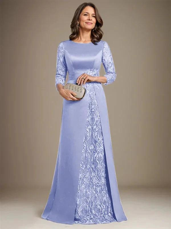 A-Line Scoop Floor-Length Lace Satin Mother Of the Bride Dress With Applique by Dreamylily