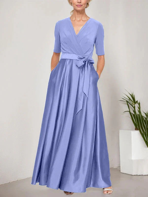 Vestido de baile con escote cruzado, falda completa de satén y cuerpo de jersey