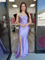 Lavender Mermaid Strapless Ruched Satin Long Prom Dress With High Slit