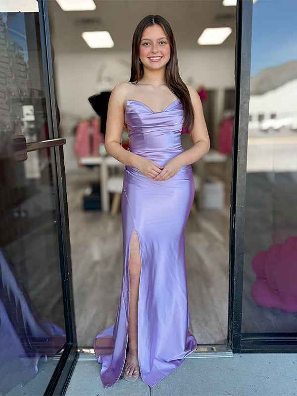 Lavender Mermaid Strapless Ruched Satin Long Prom Dress With High Slit
