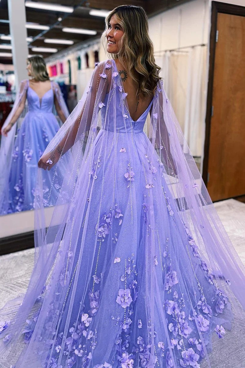Vestidos de fiesta largos con encaje floral 3D color lavanda, mangas A
