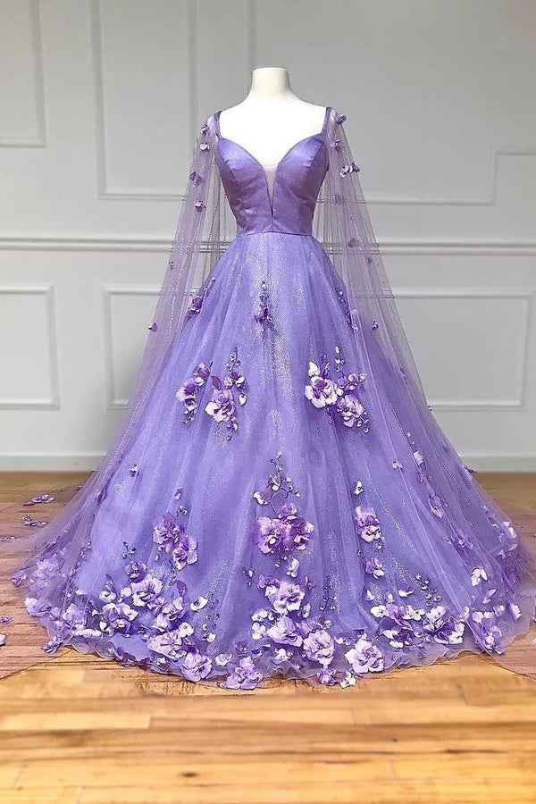Vestidos de fiesta largos con encaje floral 3D color lavanda, mangas A