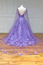 Vestidos de fiesta largos con encaje floral 3D color lavanda, mangas A