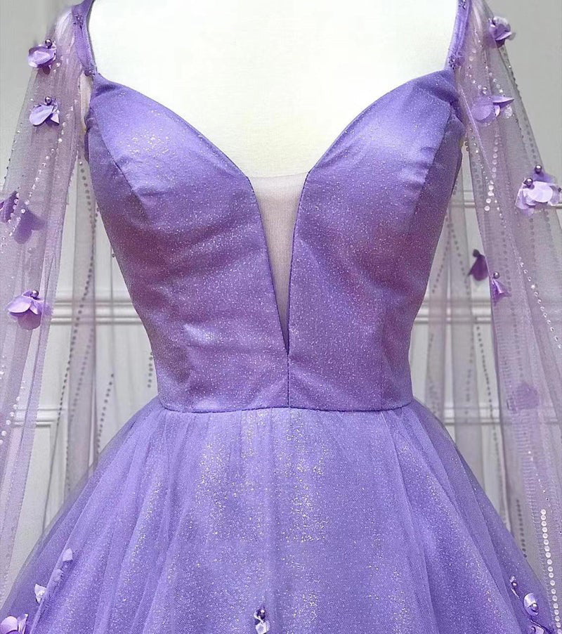 Vestidos de fiesta largos con encaje floral 3D color lavanda, mangas A