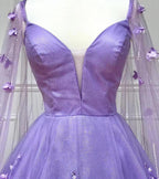 Vestidos de fiesta largos con encaje floral 3D color lavanda, mangas A