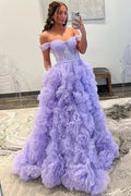 Lavender Off-the-Shoulder Ruffle Layers Prom Dress SYP145