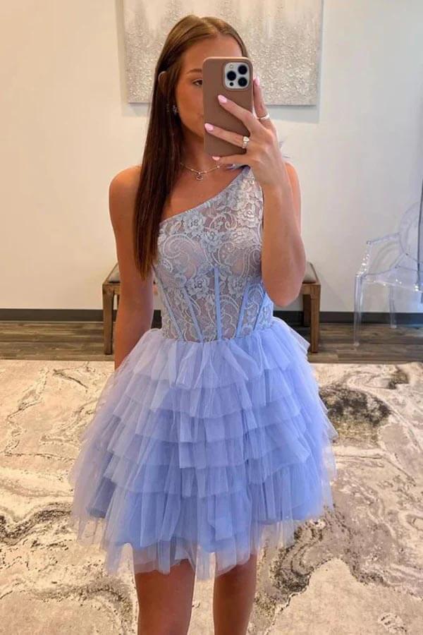 Vestidos de Regresso a Casa com Saia em Camadas de Renda, Corte em A, Um Ombro Só, Cor de Alfazema