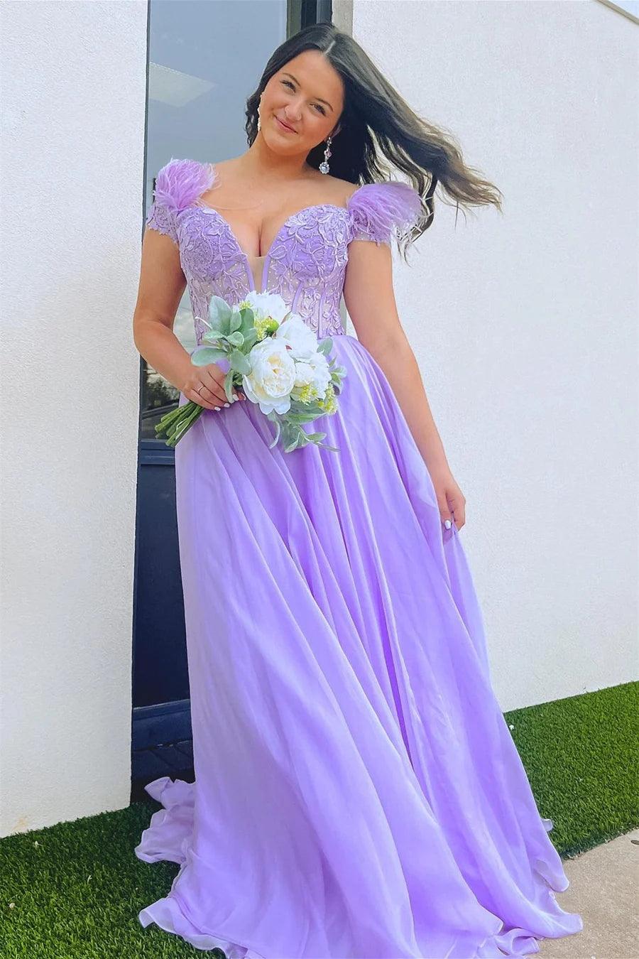 A-line Lavender Plunging Off-the-Shoulder Feathers Long Prom Dress
