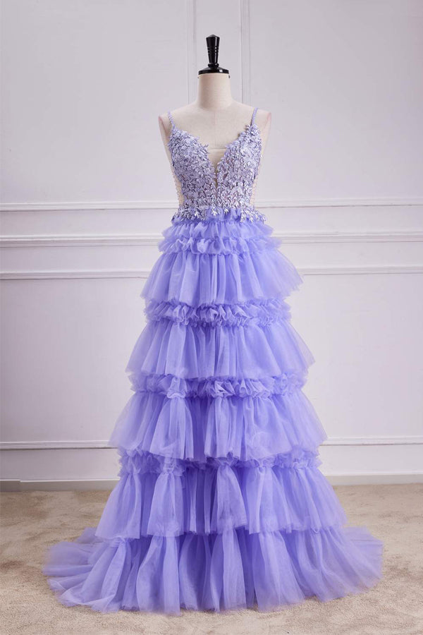 Vestido longo de baile em linha A com decote em V profundo, camadas florais e lavanda