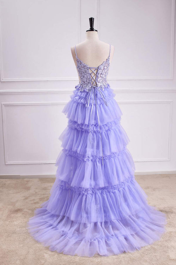 Vestido longo de baile em linha A com decote em V profundo, camadas florais e lavanda