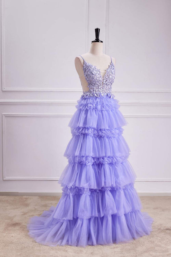 Vestido longo de baile em linha A com decote em V profundo, camadas florais e lavanda