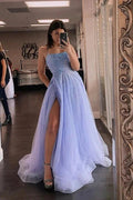 Vestidos de fiesta largos de tul lavanda con cuentas y corte en A con abertura