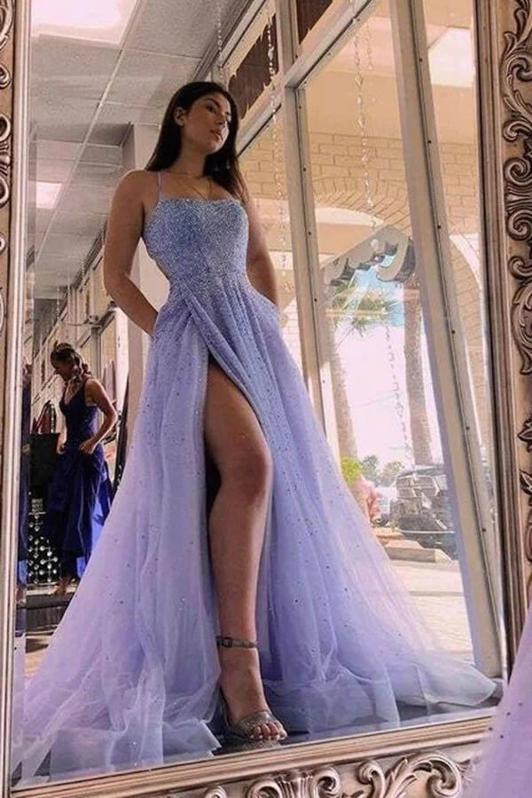 Vestidos de fiesta largos de tul lavanda con cuentas y corte en A con abertura