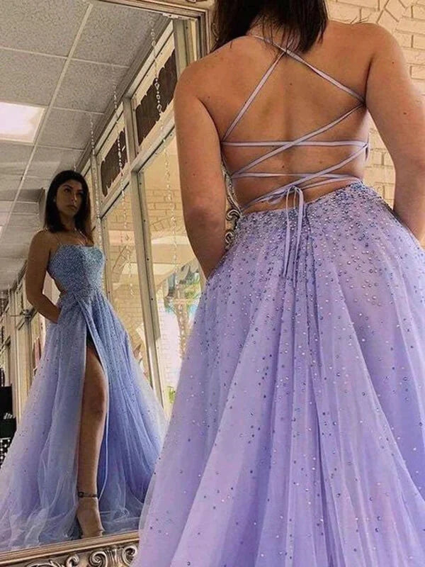 Vestidos de fiesta largos de tul lavanda con cuentas y corte en A con abertura