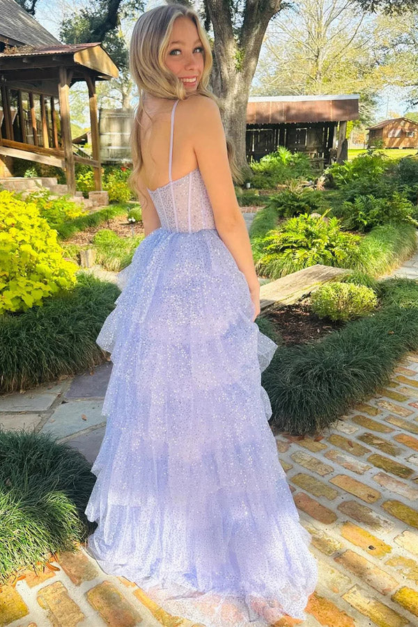 Lavender Tulle Sequin Ruffle Tiered Long Prom Dress Formal Dress